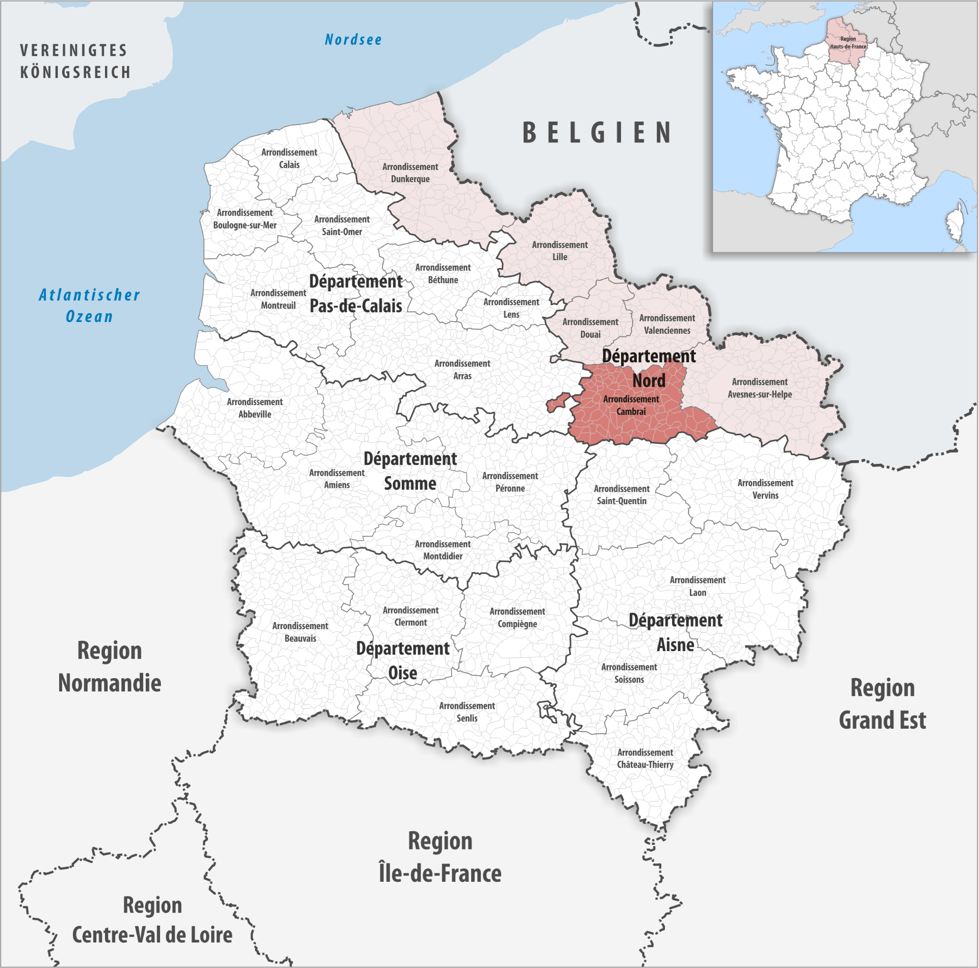 Carte de localisation de l'arrondissement de Cambrai dans la région Hauts-de-France